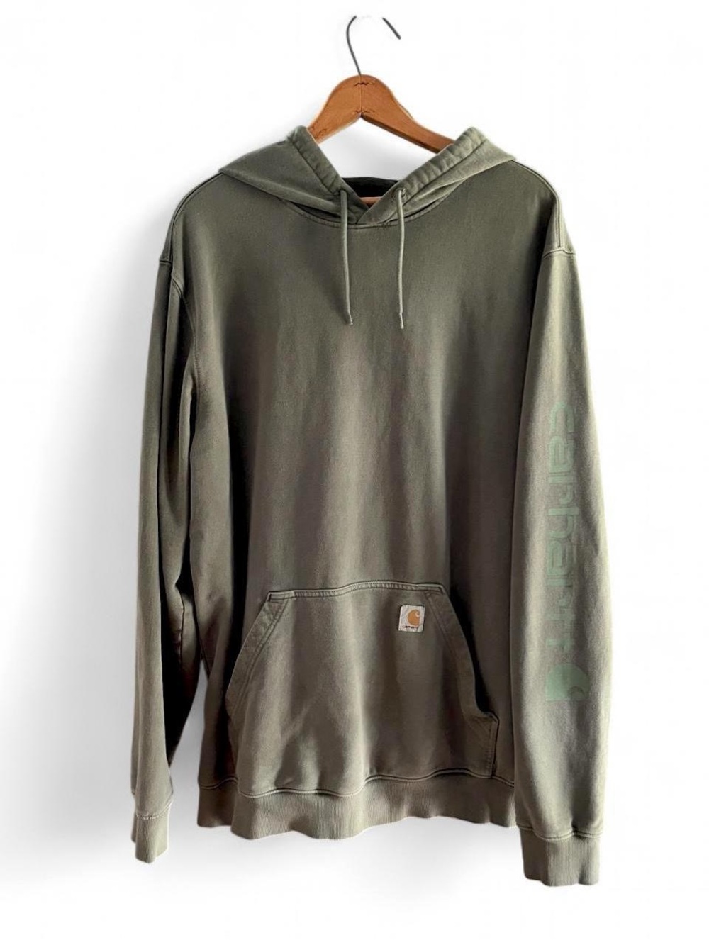 Carhartt Green Garment Dyed Hoodie Men’s L Tall Sleeve Logo Workwear Relaxed Fit